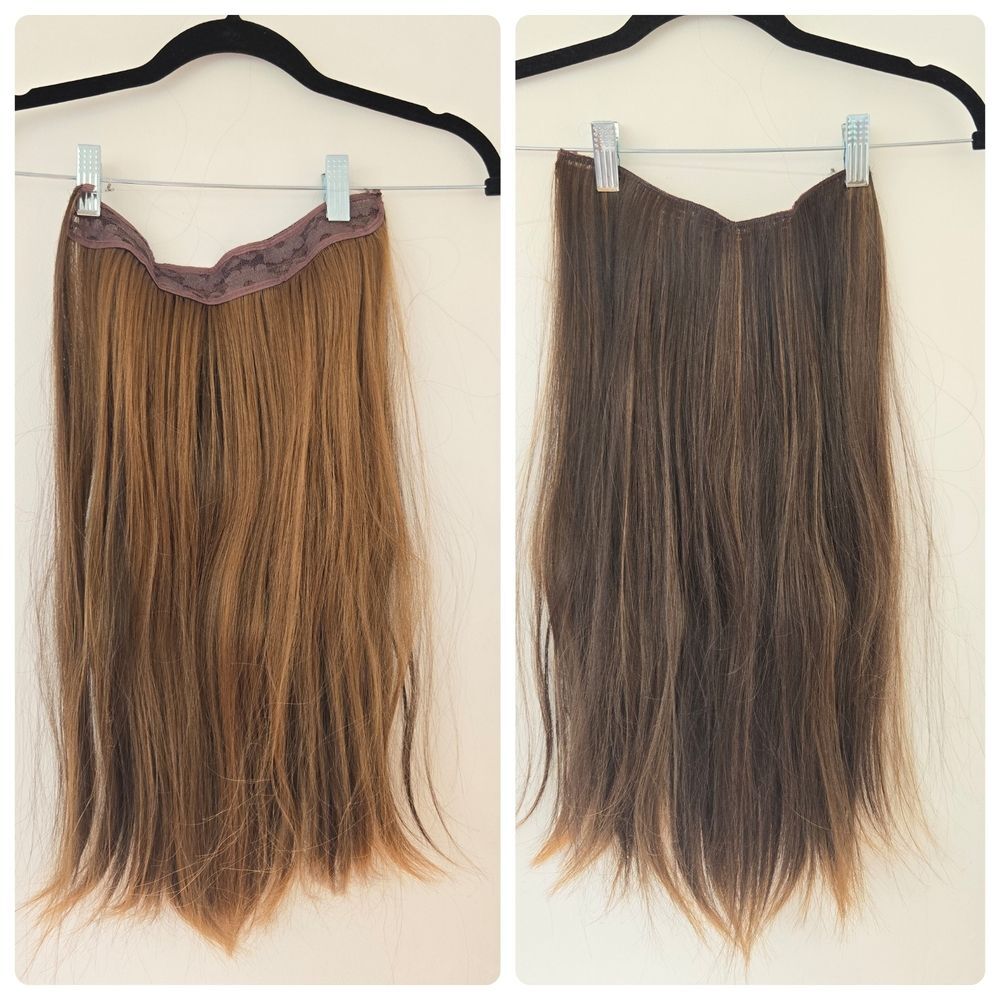 Human Hair Extension 21" Halo Wire No Clips Brown Ombre Two Tone One piece